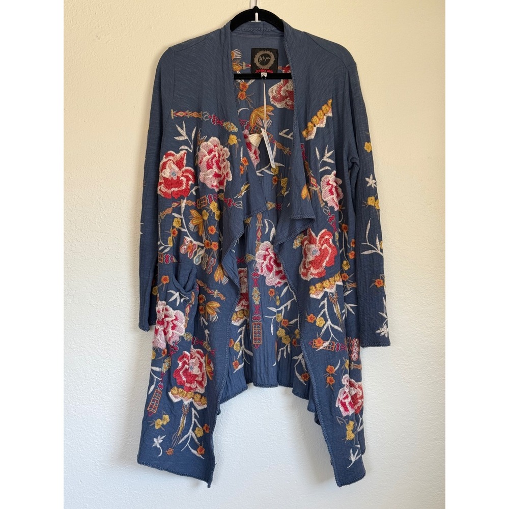 Johnny Was Danny Sweater Cardigan Indigo Blue Floral Embroidered S